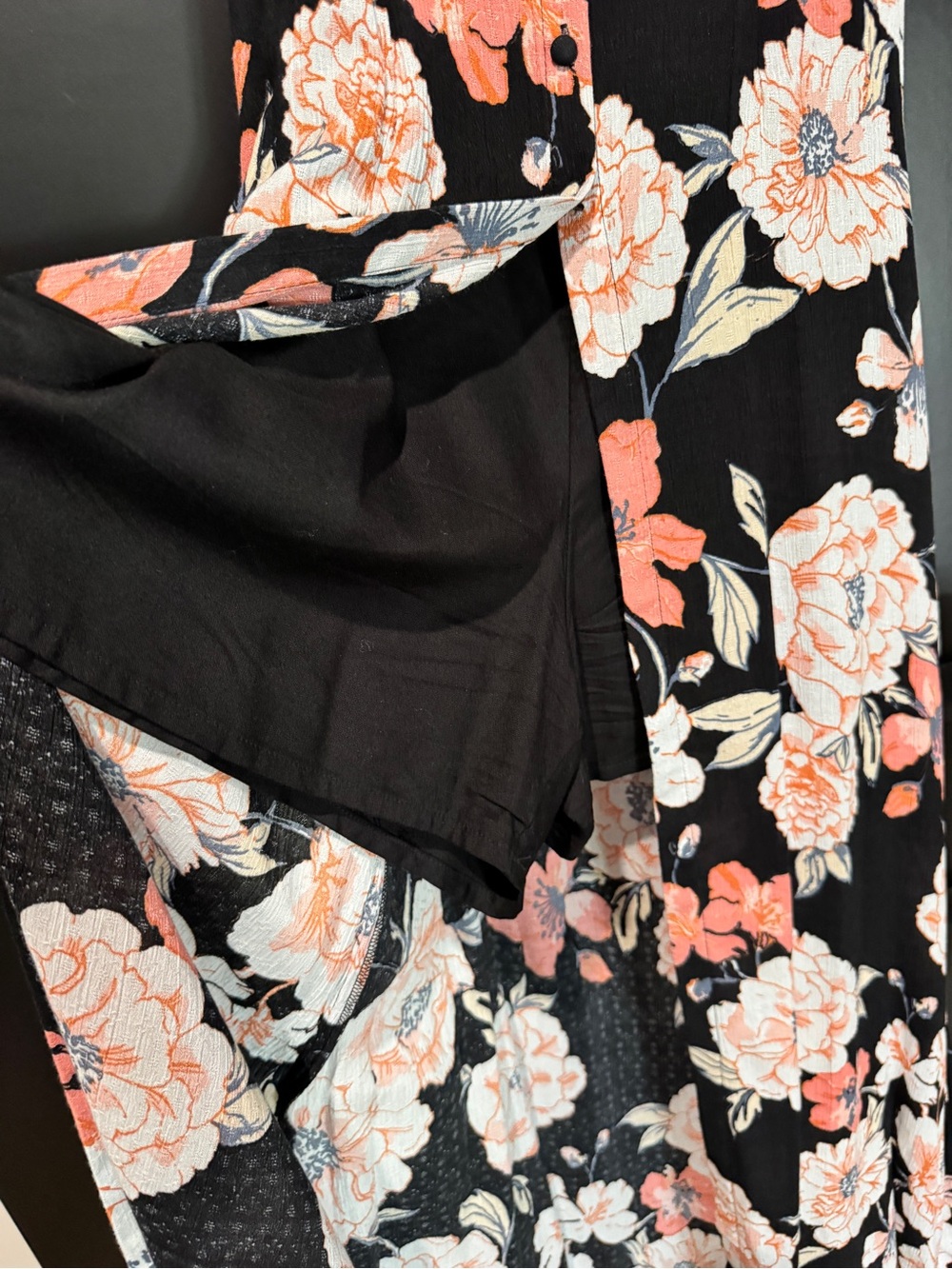 Roxy Black Floral High-Low Maxi Dress with Peach Blooms and black romper under. - Picture 4 of 8